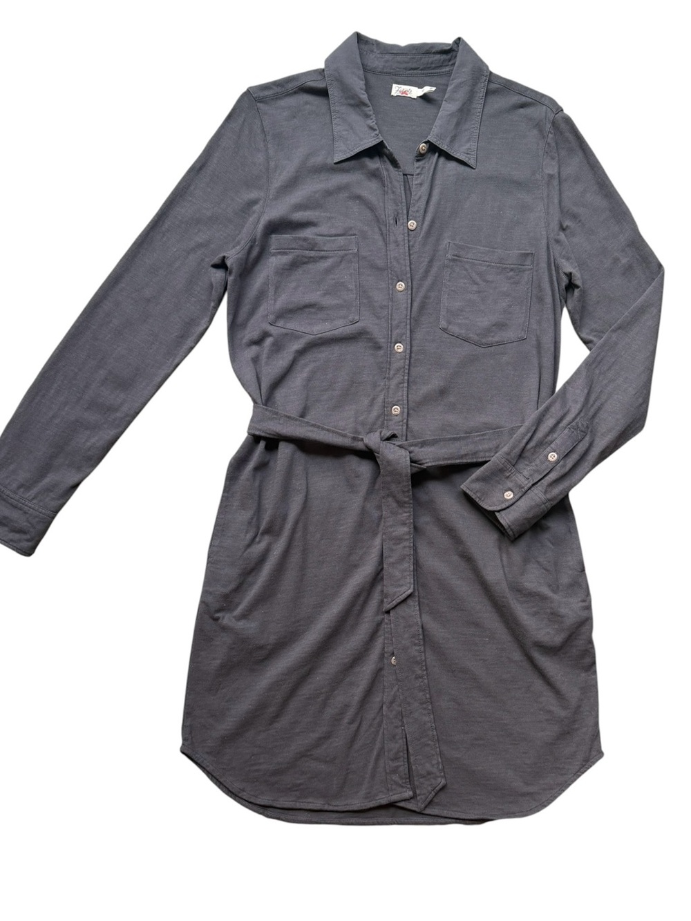 Faherty Organic Cotton Gray Long Sleeve Tie Waist Button Up Shirt Dress